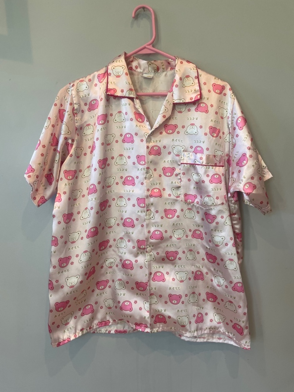 Pink Bear Print Short-Sleeve women’s satin Shirt